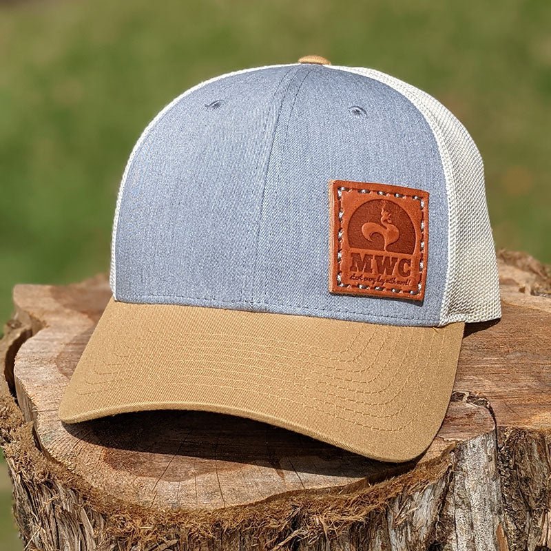 HEATHER GREY & CHARCOAL LEATHER PATCH HAT - MorningWood Company - Custom  Woodworker - Jacksonville, FL – MorningWood Co.