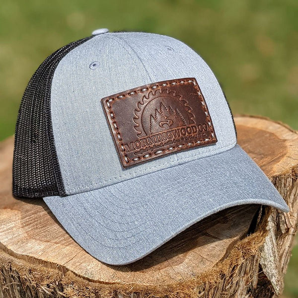 HEATHER GREY & CHARCOAL LEATHER PATCH HAT - MorningWood Company - Custom Woodworker - Jacksonville FL